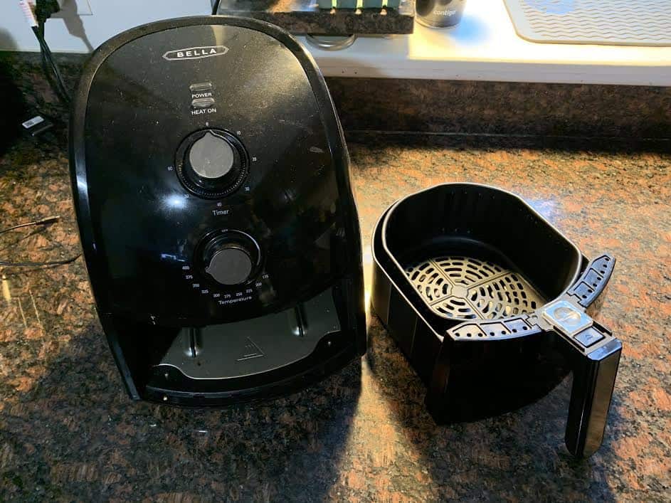 black air fryer with tray