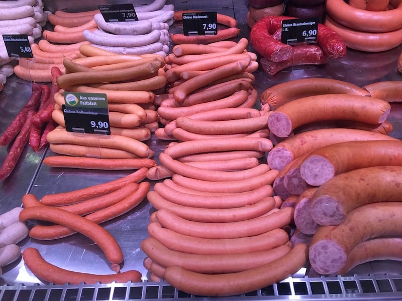 different types of sausage in meat counter