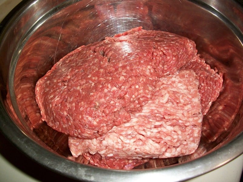 ground meat in steel bowl