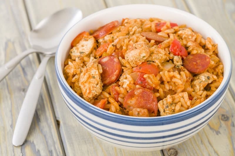 jambalaya in a bowl with andouille sausage