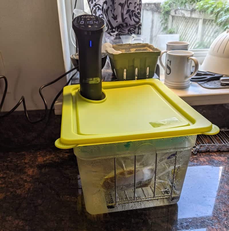 sous vide set up on counter cooking meat