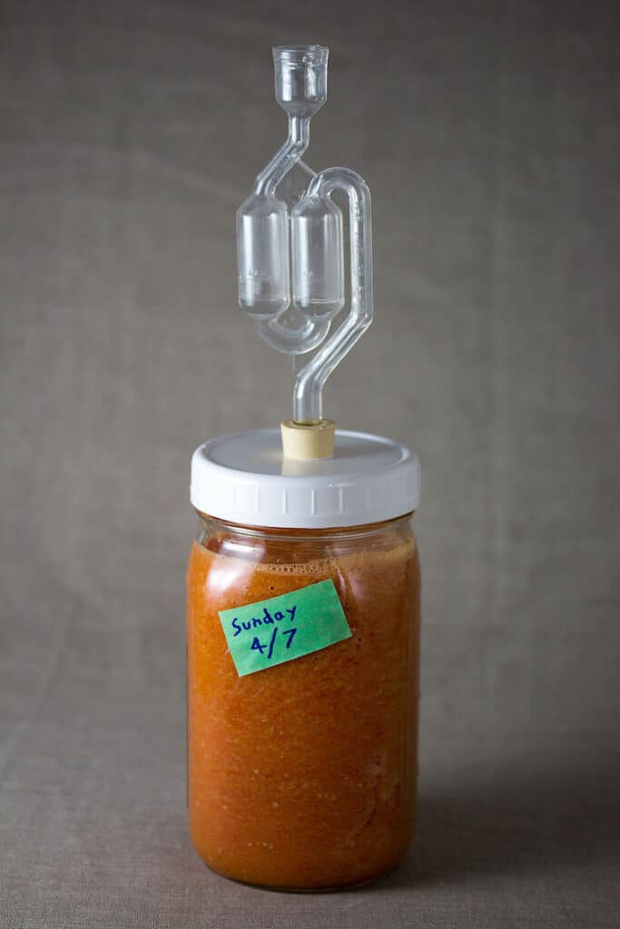 fermented hot sauce in jar with fermentation tube