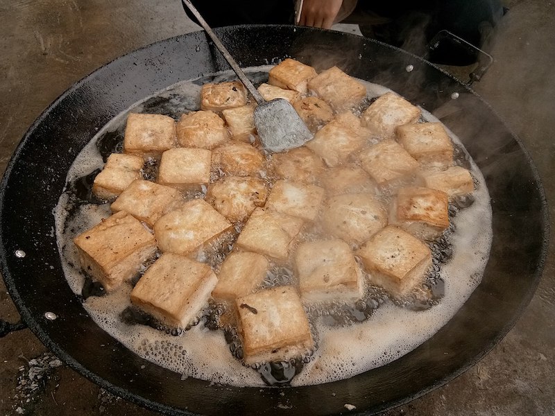 tofu tokwa cubes frying in pan